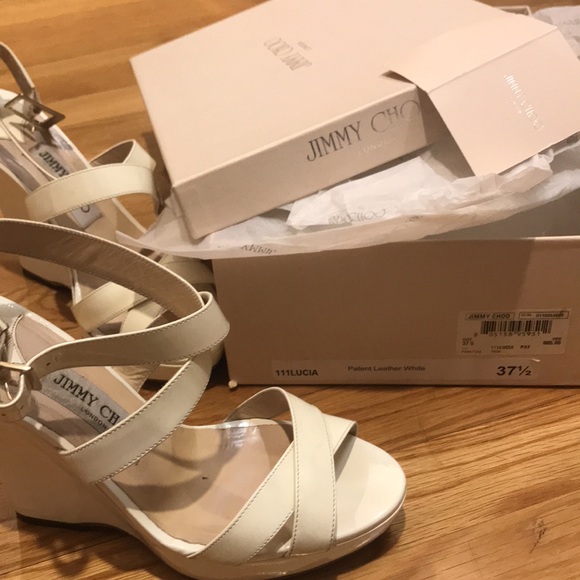 Jimmy Choo White Lucia Wedge Platform Sandals 37.5 - Picture 14 of 15